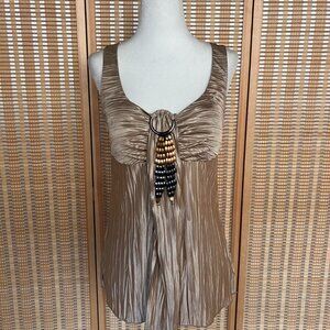 Tan satin BCX flowy tank with bead neckpiece